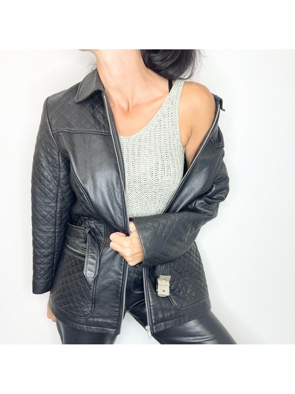 Black quilted leather 3/4 length belted jacket M